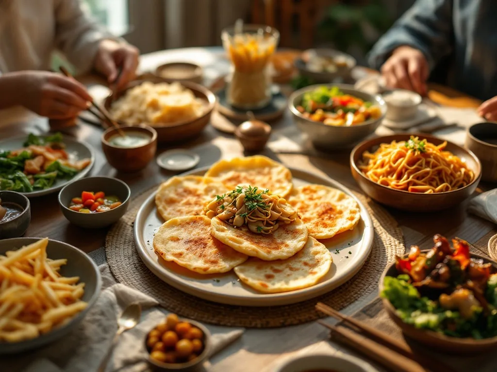 a Korean family summer dinner table with potato pancakes, cold soybean noodles, grilled abalone and seasonal side dishes, warm overhead light, editorial food styling