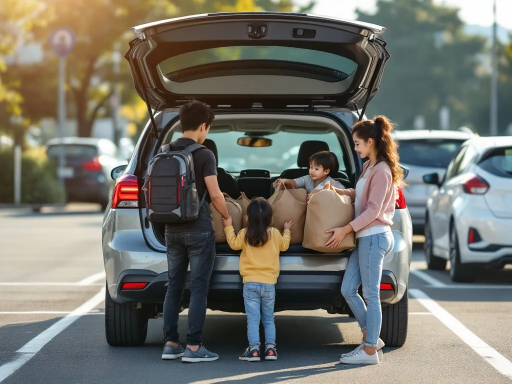 a Korean family with three children loading bags into a car for a weekend trip in a parking lot, summer morning light, seen from behind, editorial photography, photorealistic, no text