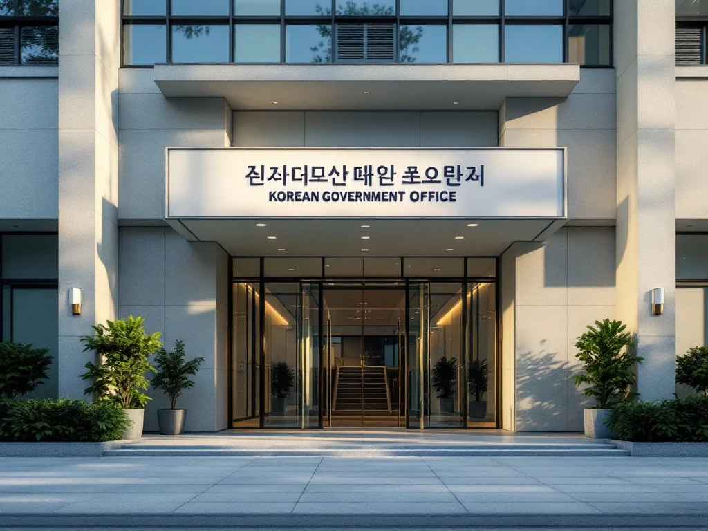a Korean government office building entrance with a sign, soft morning light, wide editorial shot, clean modern architecture