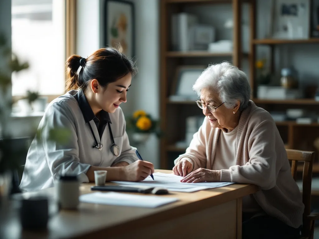 a Korean government welfare office counter with an official helping an elderly woman review paperwork, soft window light, warm and supportive atmosphere, over-the-shoulder documentary style