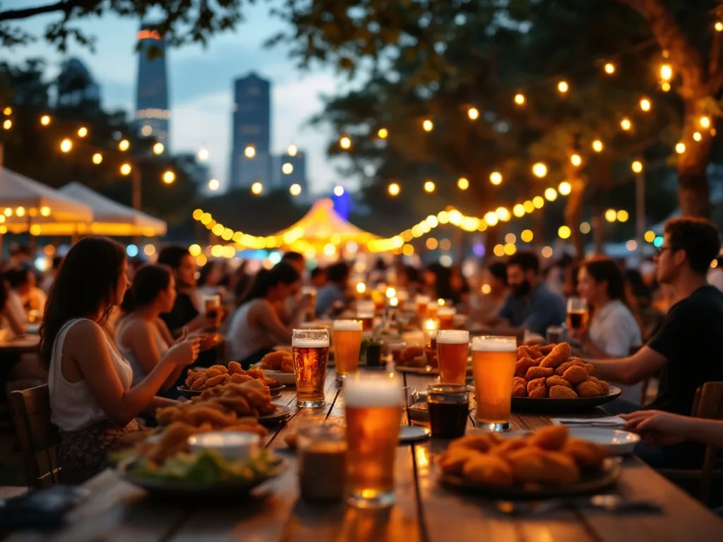 a lively outdoor summer beer festival at dusk in a Korean city park, long tables with cold draft beer and fried chicken, crowds enjoying live music under warm festival lights, editorial photography, shallow depth of field
