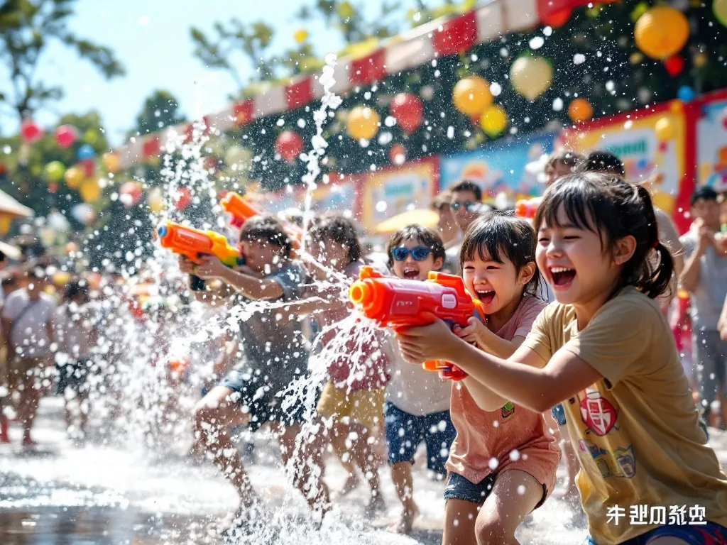a lively outdoor water gun battle event at a Korean summer festival, children and adults laughing, water splashing in bright sunlight, festive banners in the background, wide-angle action shot, joyful summer mood