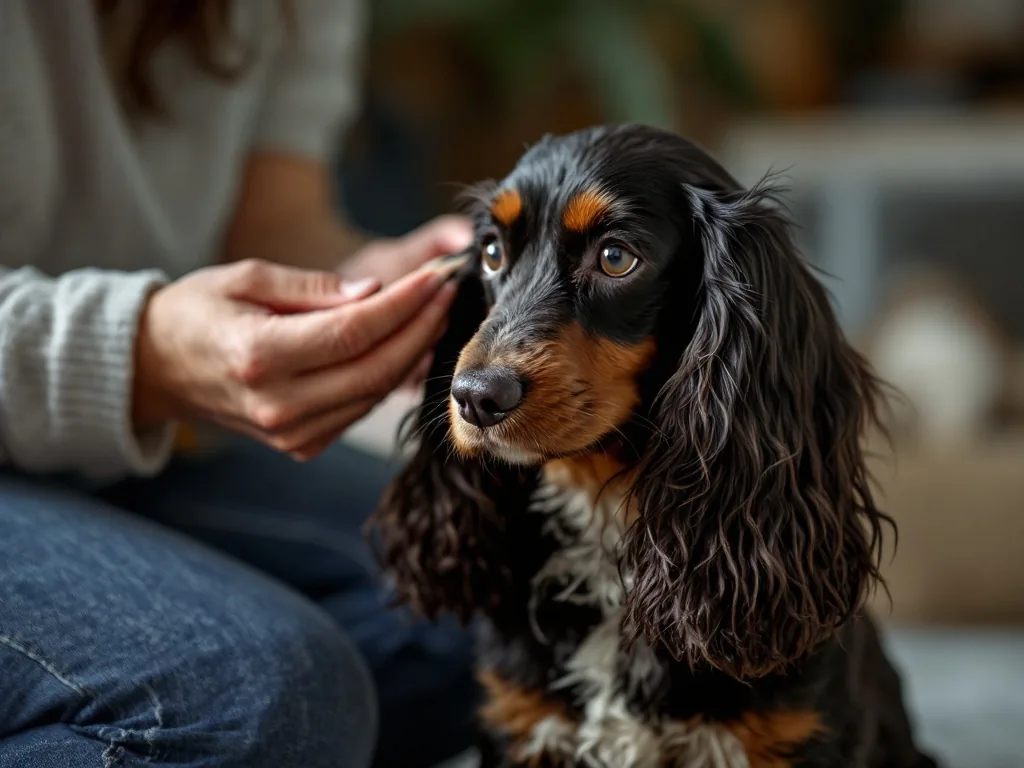 a long-eared cocker spaniel sitting calmly while an owner gently lifts its floppy ear to check inside, warm home lighting, hands in focus, editorial pet care photography, shallow depth of field