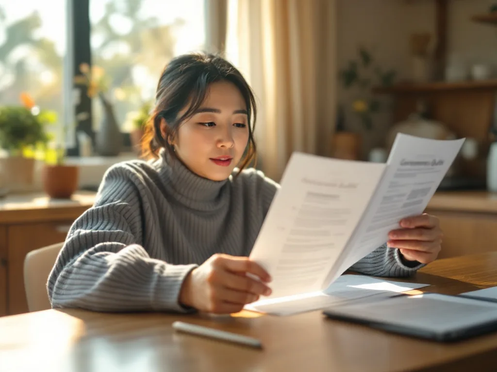 a middle-aged Korean woman carefully reading a government benefits brochure at her kitchen table, warm natural morning light, close-up on hands and document, editorial lifestyle