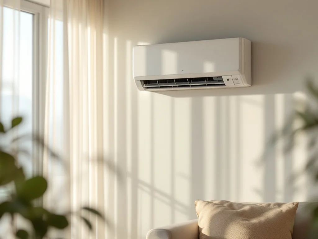 a modern wall-mounted air conditioner cooling a bright Korean living room on a hot summer afternoon, soft sunlight through sheer curtains, calm cozy mood, editorial interior photography, shallow depth of field
