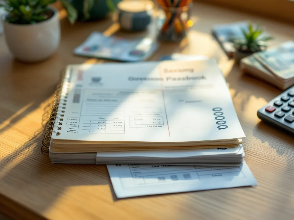 a neat desk with a government savings passbook, stack of Korean won bills, and a simple savings calculator under soft warm window light, close-up overhead editorial photography