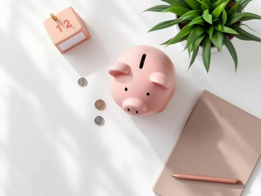 a neatly arranged savings piggy bank and coins with a small calendar and a green plant on a white desk, soft morning light, minimalist clean background, top-down flat lay