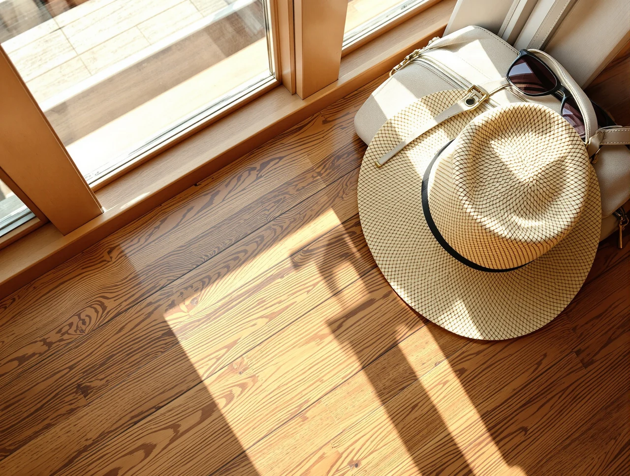 a packed weekend travel bag with sunglasses and a straw hat on a wooden floor beside a sunlit window, bright summer morning light, cozy top-down editorial still life