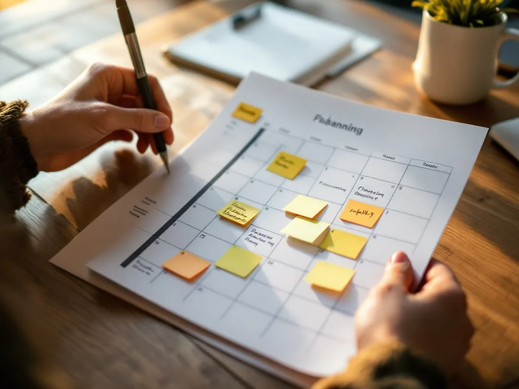 a pair of hands carefully flipping through a financial planning calendar with sticky notes, desk with a coffee cup and notebook, warm golden hour light, close-up editorial shot