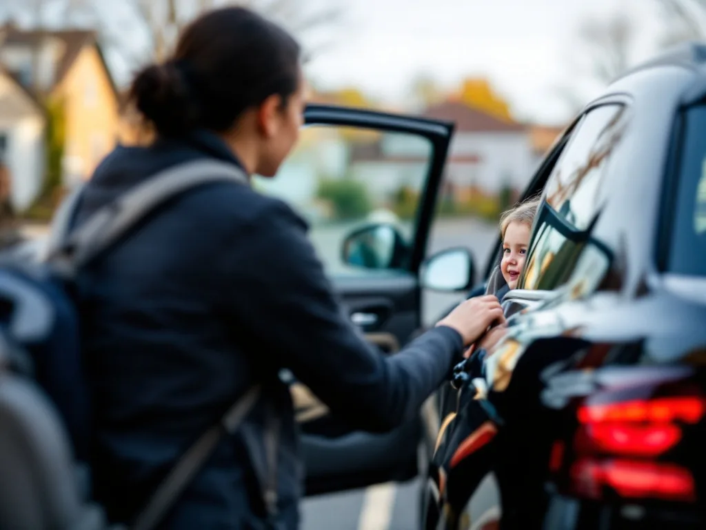 a parent carefully looking over their shoulder while slowly backing out of a parking space, child safely buckled in car seat visible through rear window, suburban parking lot setting, realistic safety moment photography