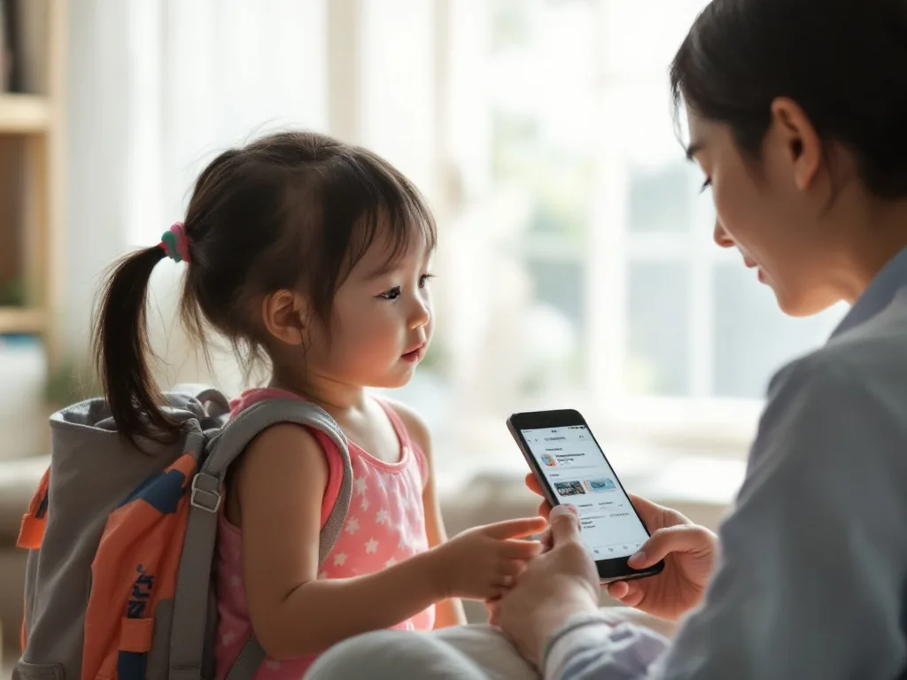 a parent checking information on a smartphone at home while a child waits with swim gear, soft window light, Korean living room, over-the-shoulder shot, calm pre-vacation mood
