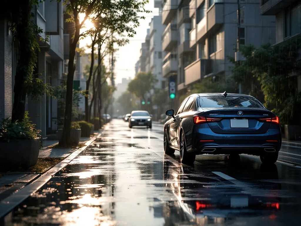 a peaceful moment after rain stops — car parked safely on a clean street, puddles reflecting sunlight, calm and reassured atmosphere, soft natural light, urban Korean street