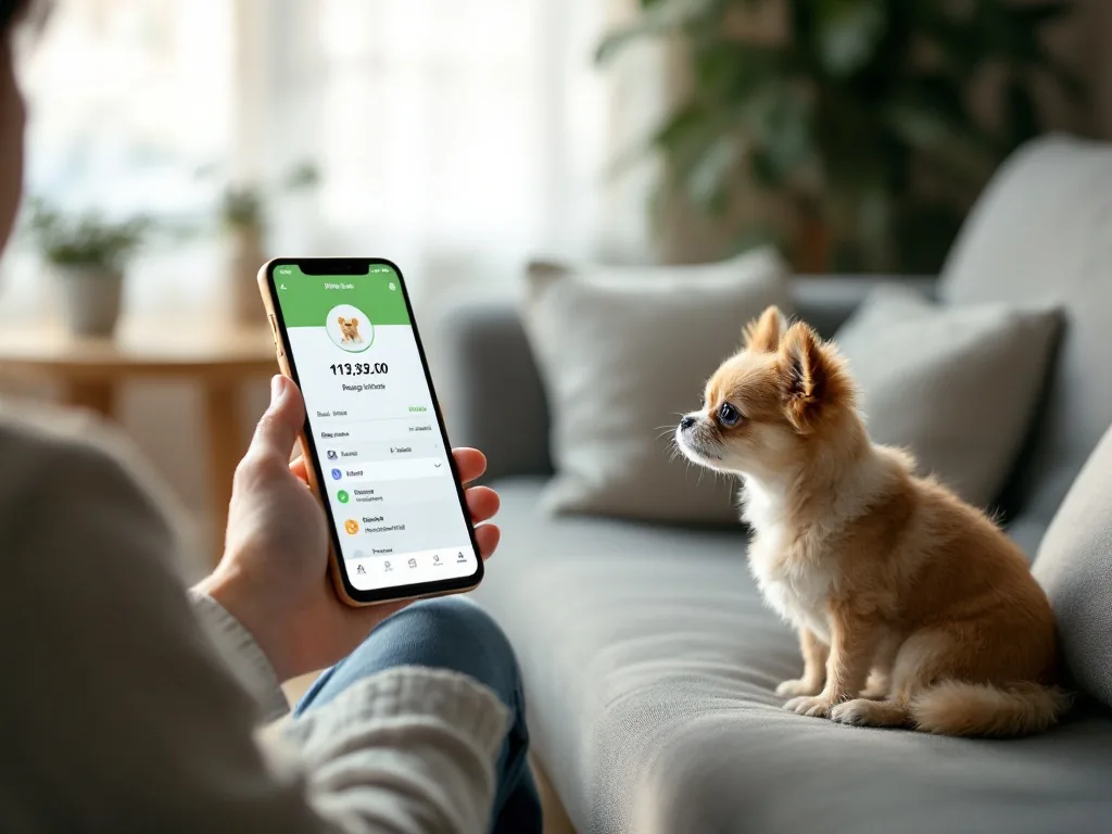 a person checking a smartphone app showing pet registration info while a small dog sits on the sofa nearby, cozy Korean apartment interior, soft daylight, over-the-shoulder view, editorial lifestyle photography