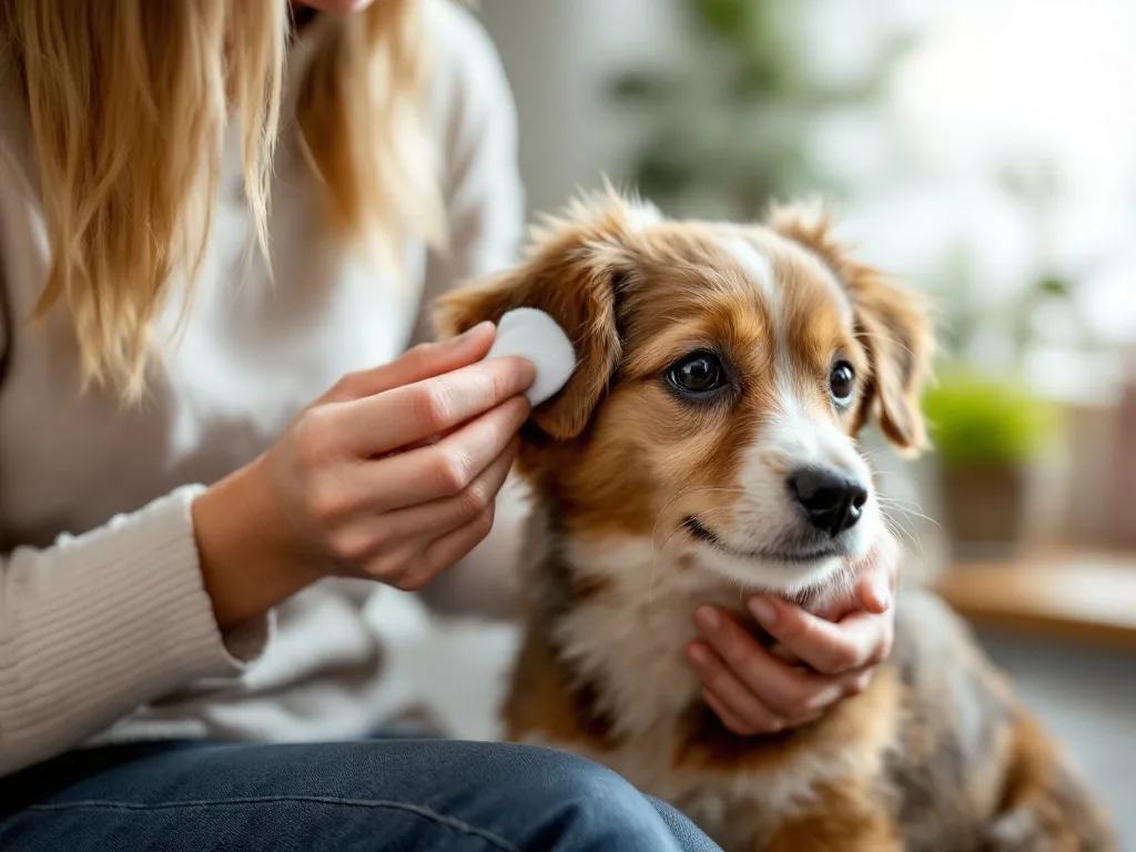 a person gently cleaning a small dog's ear with a cotton pad at home, dog sitting calmly on owner's lap, warm soft light, caring mood, editorial pet care photography