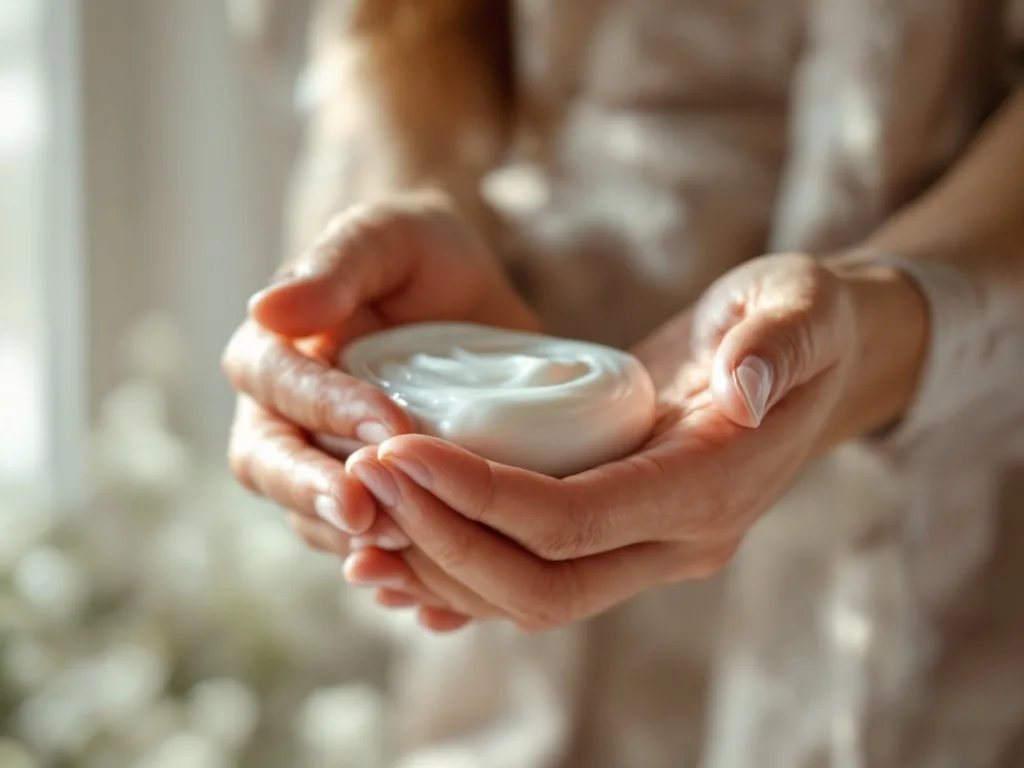 a person gently moisturizing dry irritated hands with cream, soft natural window light, close-up of hands only no face, calm skincare mood, editorial photography