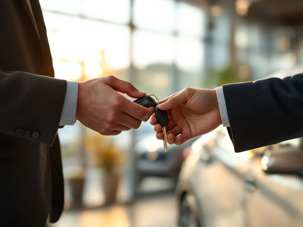 a person handing over a car key to another person at a bright dealership with large windows, documentary style, warm lighting, shallow depth of field