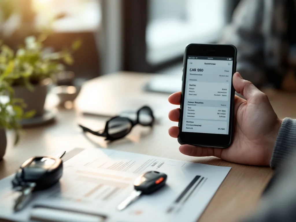 a person holding a smartphone checking car information, car key and vehicle registration document on a table, soft window light, editorial lifestyle photography, close-up of hands