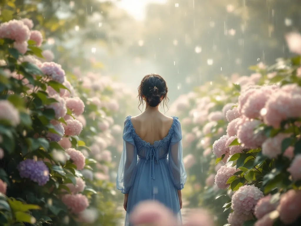 a person in a blue dress standing with back to camera surrounded by blooming hydrangeas in soft misty rain, dreamy romantic atmosphere, shallow depth of field, wide shot in a Korean garden