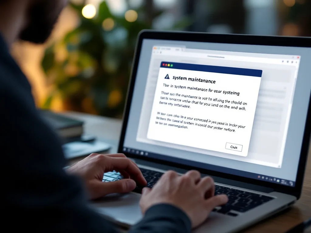 a person looking at a laptop screen showing a system maintenance notice, focused hands on keyboard, soft office lighting, over-the-shoulder angle