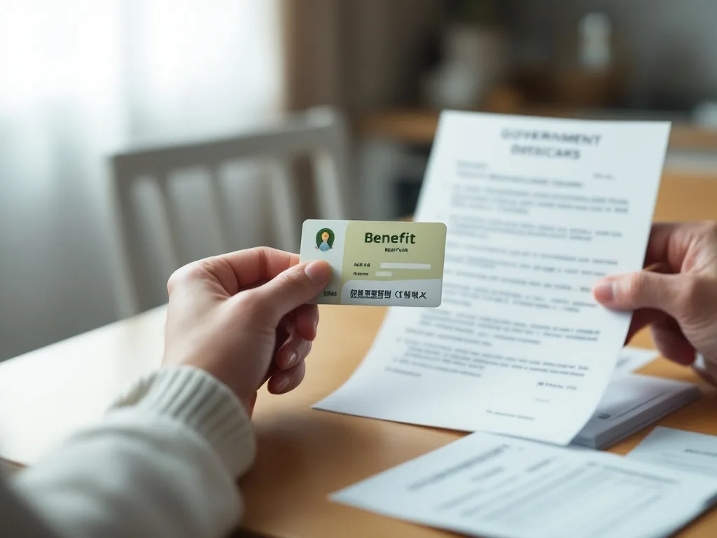 a person's hands holding a benefit card and government documents at a wooden kitchen table in a Korean home, soft window light, no face, close-up, editorial photography, shallow depth of field
