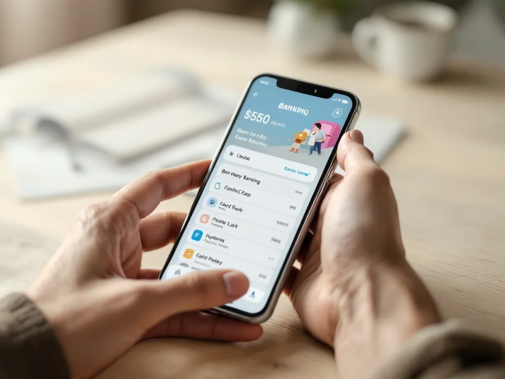 a person's hands holding a smartphone with a banking app open on a light wooden table, warm neutral background, soft diffused light, close-up product shot showing the screen from slightly above
