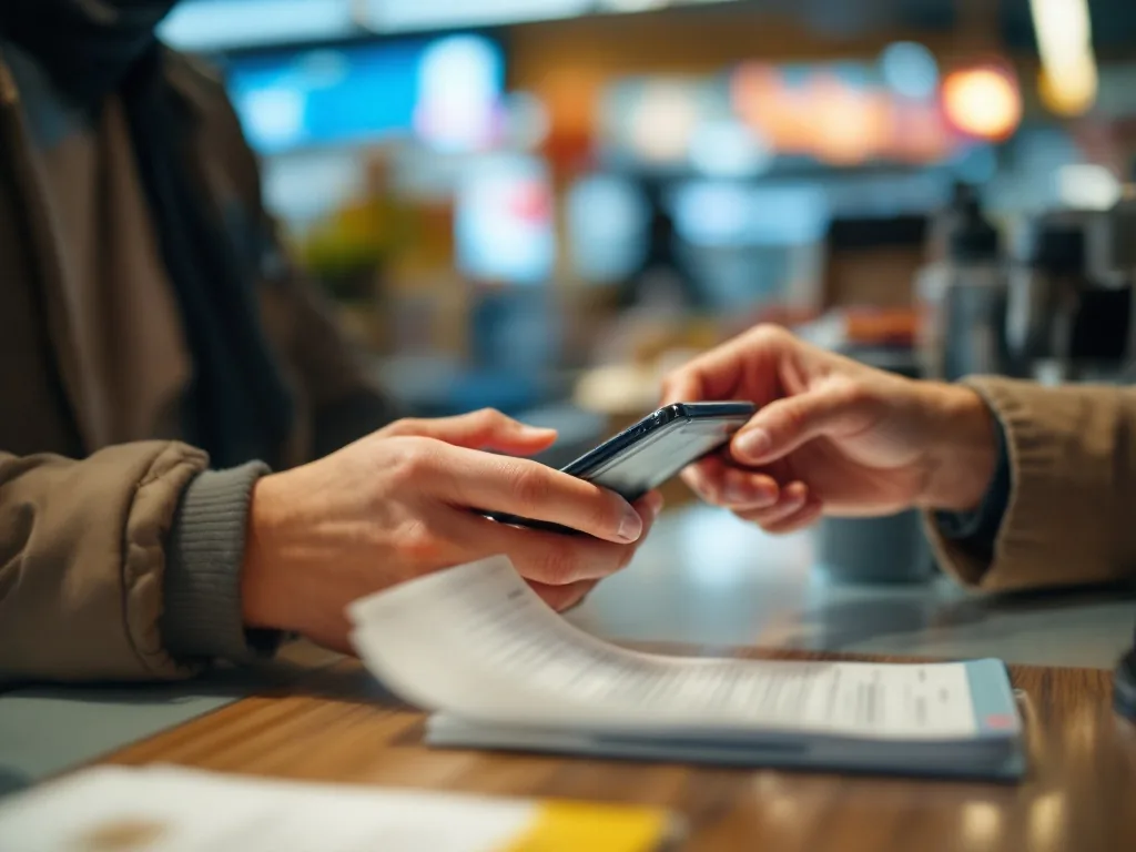 a person tapping a smartphone to pay a bill at a convenience store counter in Korea, casual daily errand mood, warm interior light, close-up of hands and phone screen
