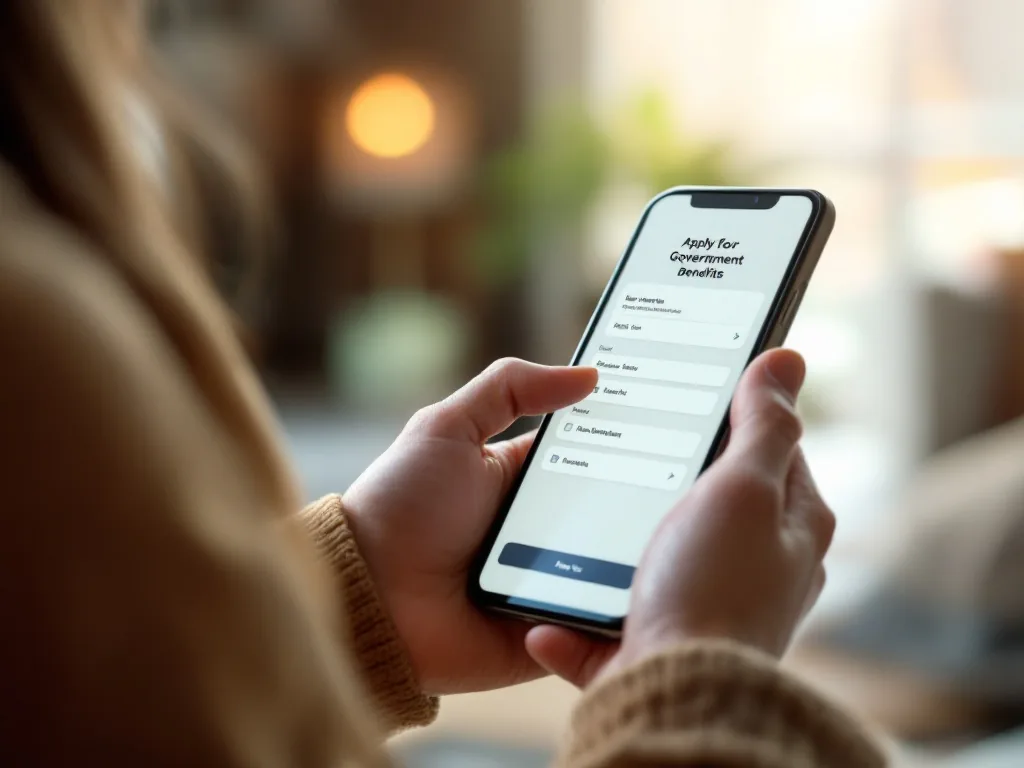 a person using a smartphone app to apply for a government benefit, close-up of hands holding phone, warm light, clean modern interior, shallow depth of field