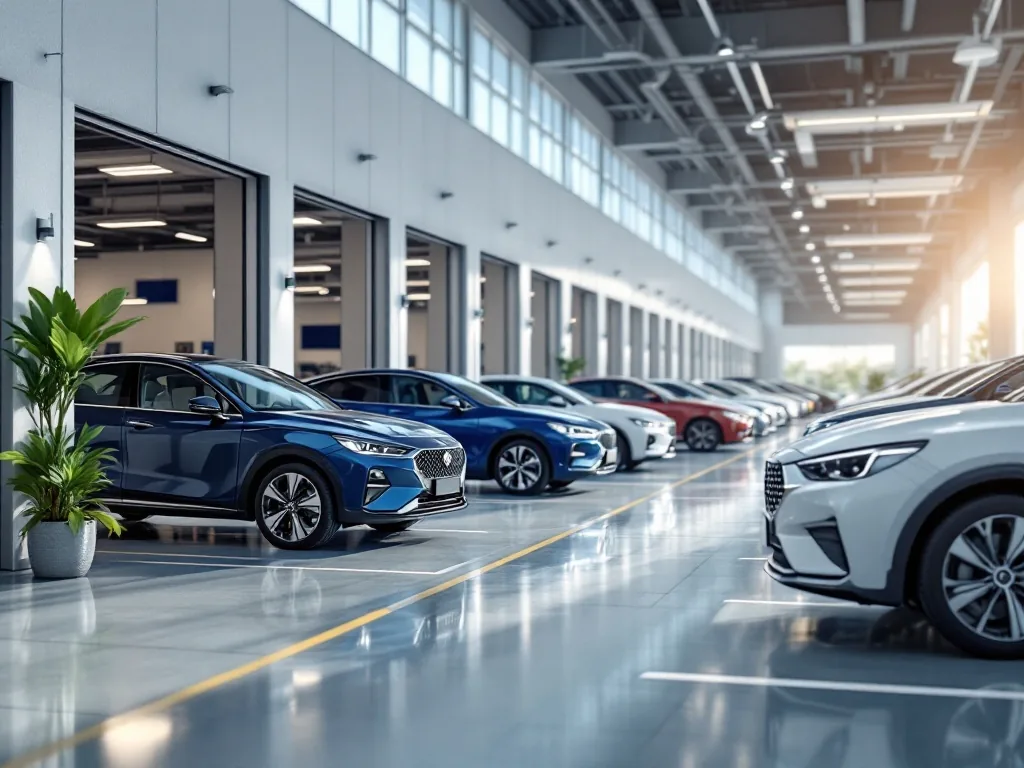 a row of new cars parked at a Korean car dealership service center, clean modern garage with service bays, soft daylight, editorial automotive photography, wide shot