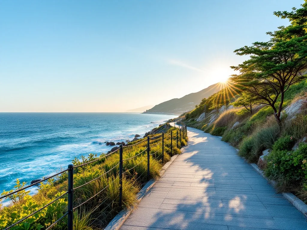 a scenic coastal walkway in Haeundae Busan, blue ocean view on one side and green hill on the other, summer afternoon golden hour, wide editorial travel photography, no people