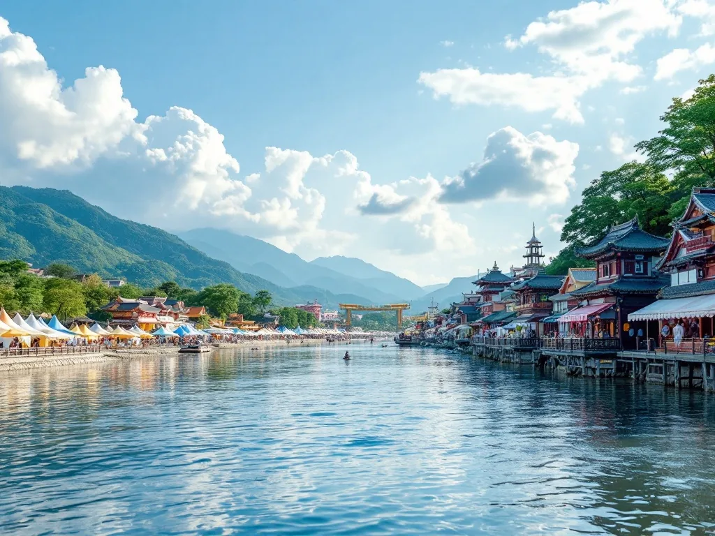 a scenic view of Namdaecheon riverside in Gangneung during a summer festival, colorful festival tents and traditional wooden structures along the river, blue sky with soft clouds, wide landscape editorial photography, serene and festive atmosphere