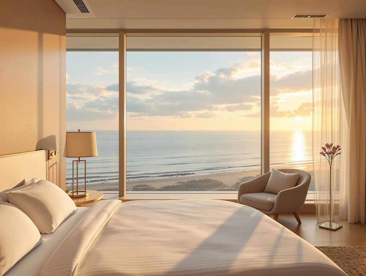 a serene ocean-view hotel room in a Korean coastal city at golden hour, soft warm sunlight through large windows, neatly made bed facing the sea, calm summer-vacation mood, wide editorial travel shot