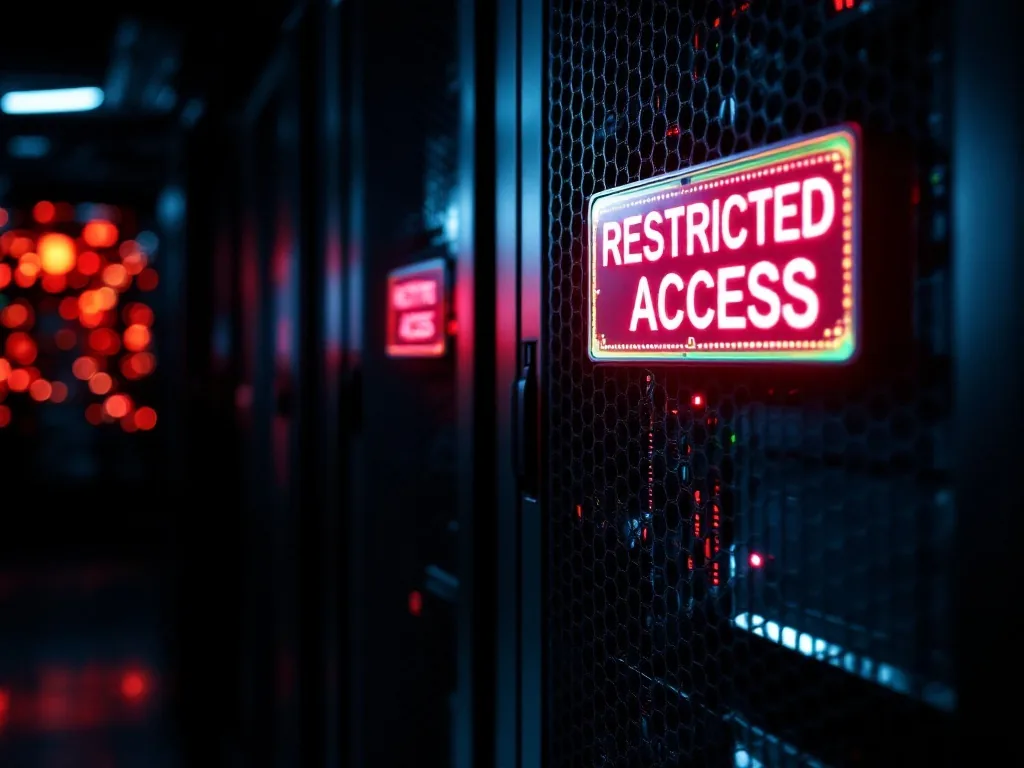 a server rack with a glowing red restricted-access indicator and a closed metal cage door, security lockdown concept, dark tech mood, no people, no text