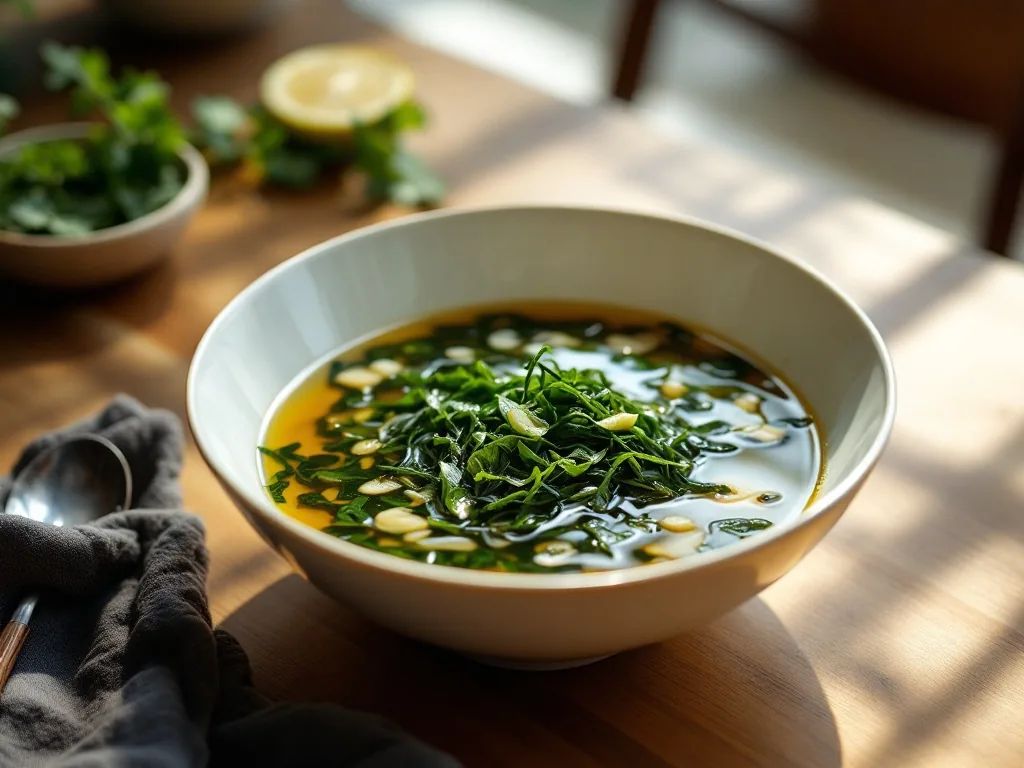 a simple elegant bowl of Korean seaweed soup with perilla oil on a wooden table, soft natural window light, close-up shot, minimal aesthetic, warm tones