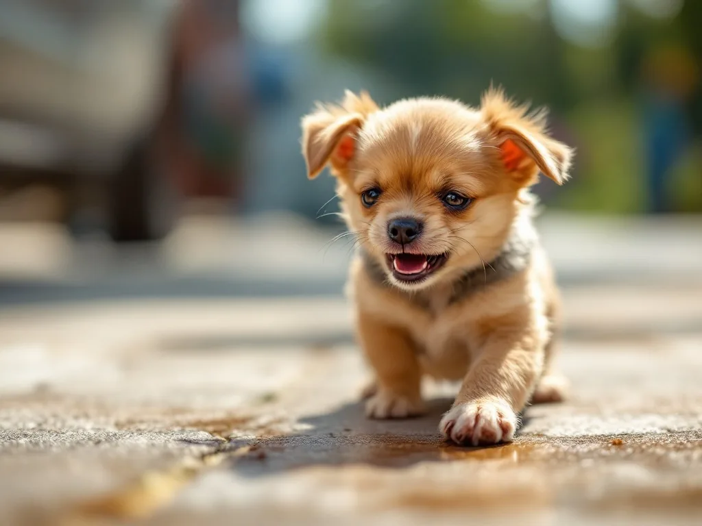 a small dog lifting one paw off a hot pavement surface, wincing expression, bright summer afternoon, shallow depth of field, eye-level close shot