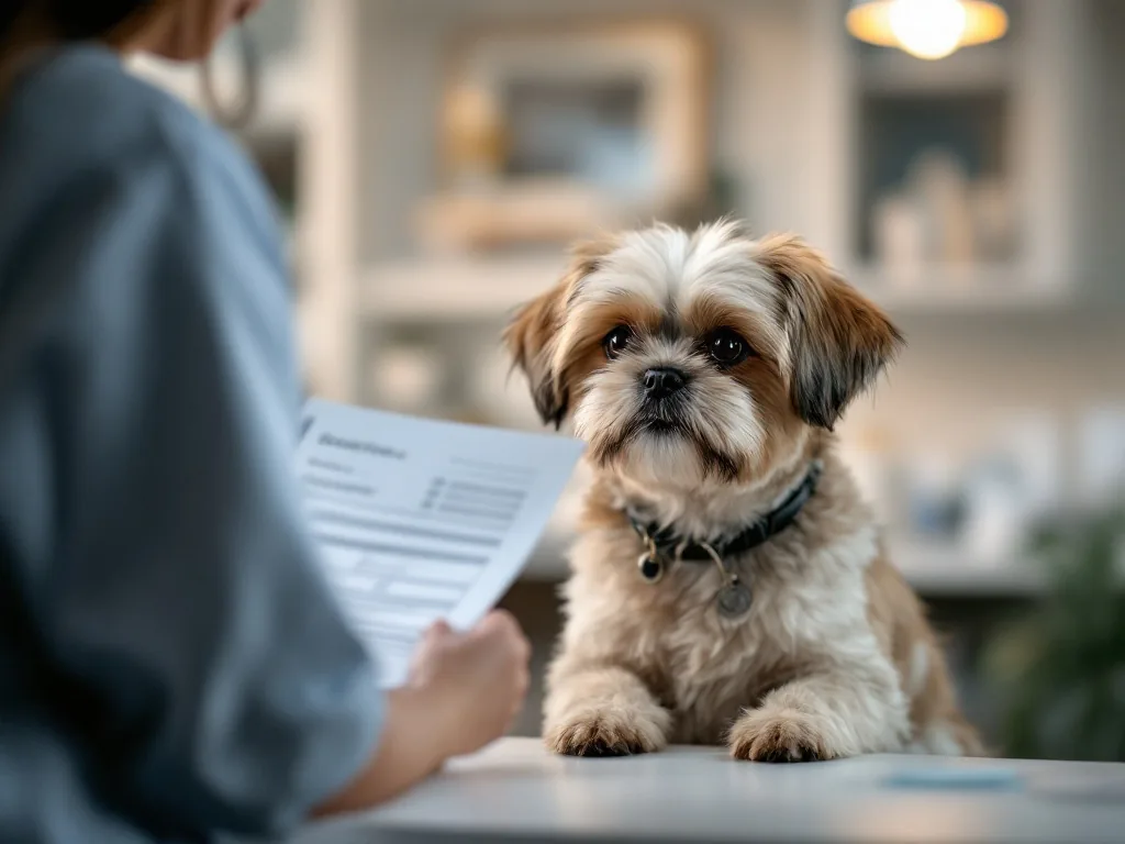 a small Shih Tzu dog sitting calmly at a veterinary clinic counter, owner's hand holding registration chip paperwork, soft clinic lighting, warm and reassuring atmosphere, editorial pet photography