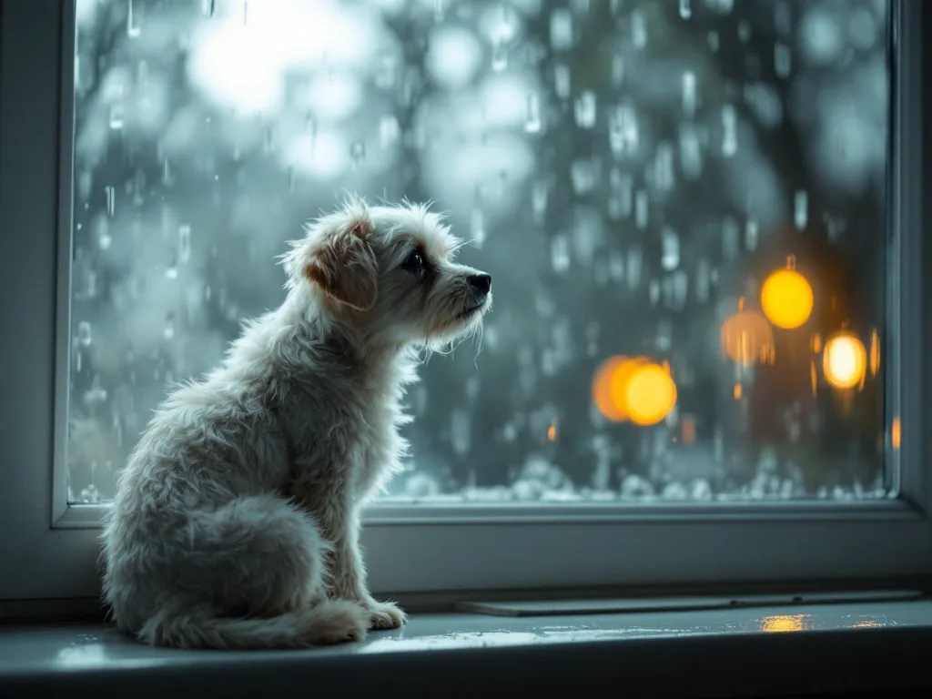a small white dog sitting by a rain-streaked window indoors on a rainy day, soft gray natural light, calm and slightly sad mood, wide editorial pet photography
