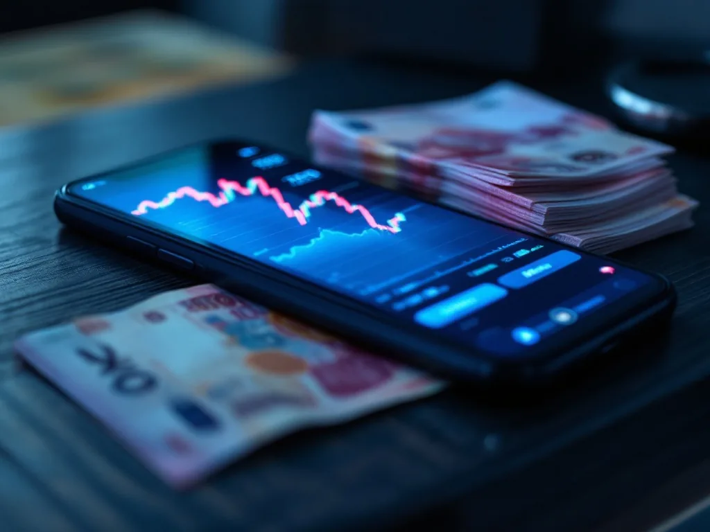 a smartphone showing a cryptocurrency price chart next to a stack of korean won banknotes on a dark wooden desk, soft blue screen glow, no text, close-up editorial fintech photography
