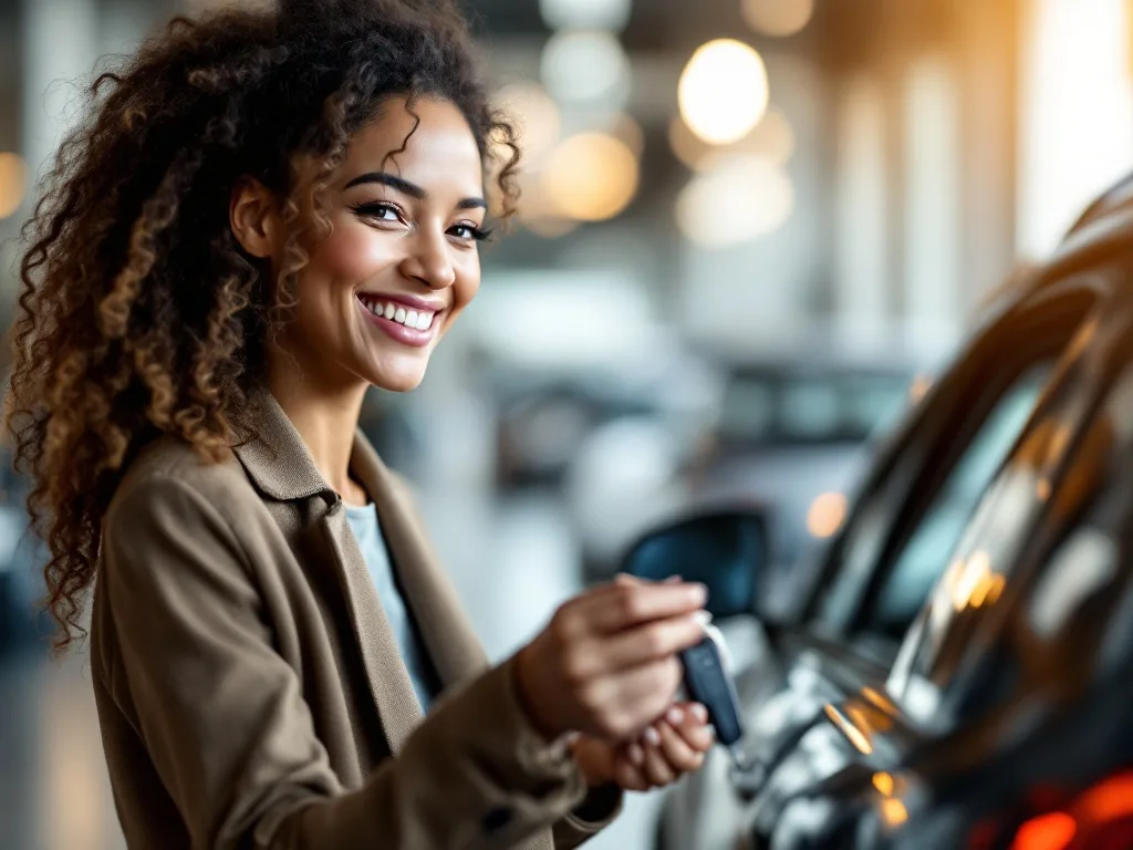 a smiling woman receiving car keys at a clean modern car dealership, warm indoor lighting, over-the-shoulder view, editorial photography