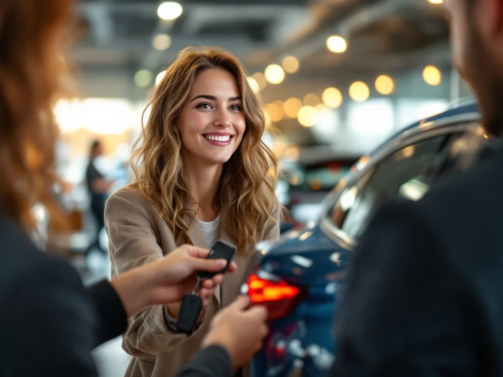 a smiling woman receiving car keys at a clean modern car dealership, warm indoor lighting, over-the-shoulder view, editorial photography