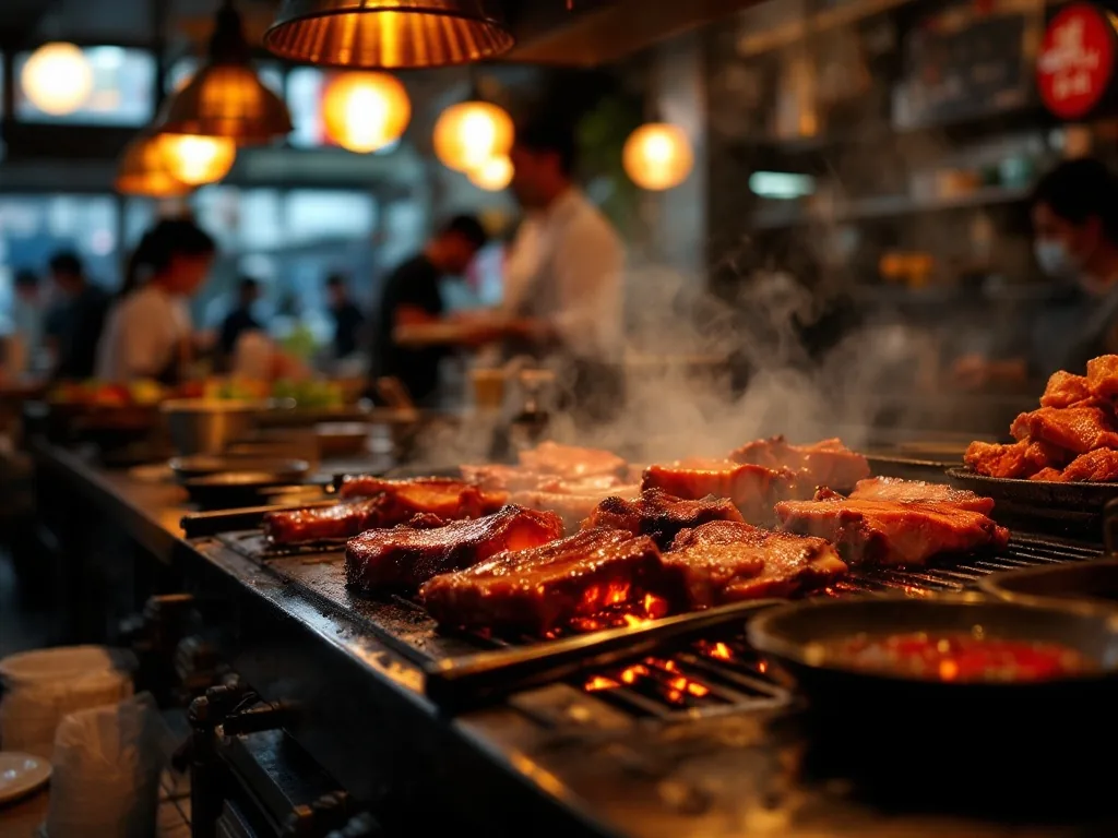a smoky korean charcoal grill restaurant in Seongsu-dong, pork and beef ribs sizzling on grill, warm amber light, busy dinner service atmosphere, editorial food photography, wide shot