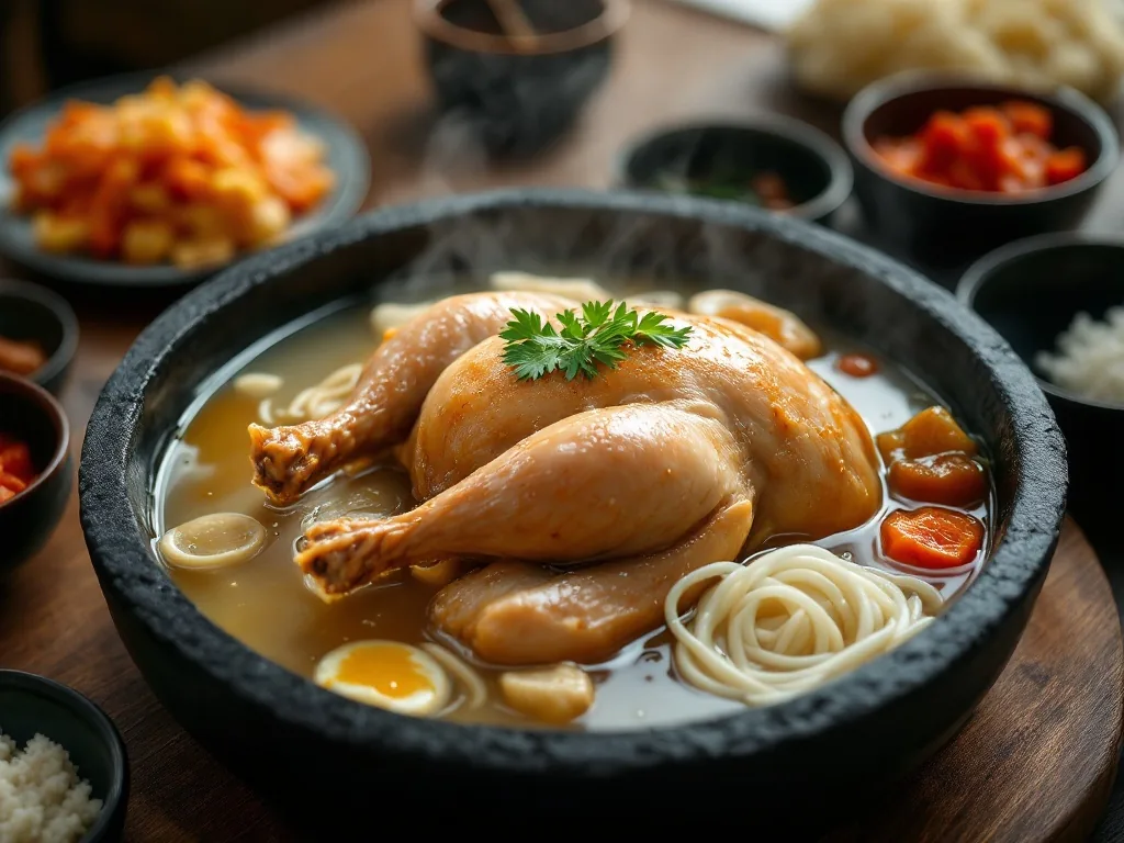 a steaming hot samgyetang ginseng chicken soup in a black stone bowl on a wooden korean restaurant table, whole young chicken with rice and jujube, side dishes of kimchi, warm appetizing natural light, close-up editorial food photography