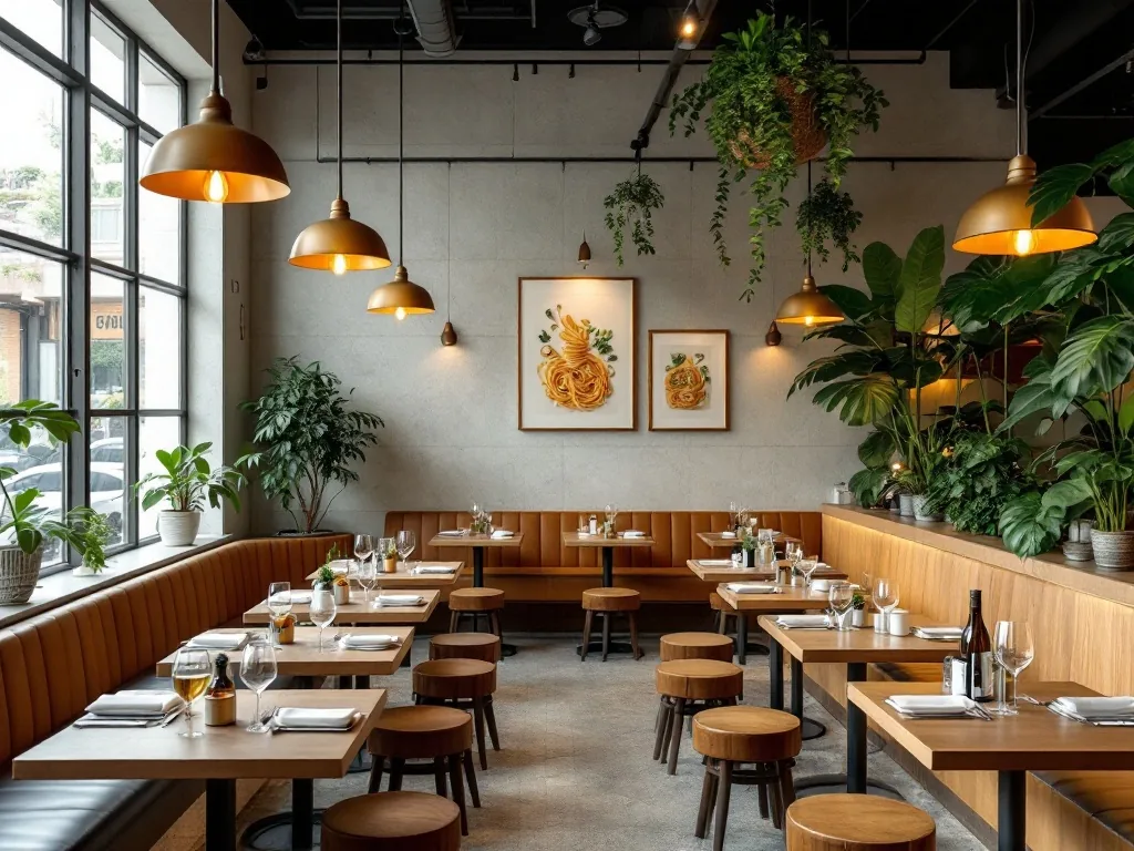a stylish modern pasta restaurant interior in Seongsu Seoul, warm pendant lights and greenhouse plants, cozy dinner mood, wide shot, editorial photography