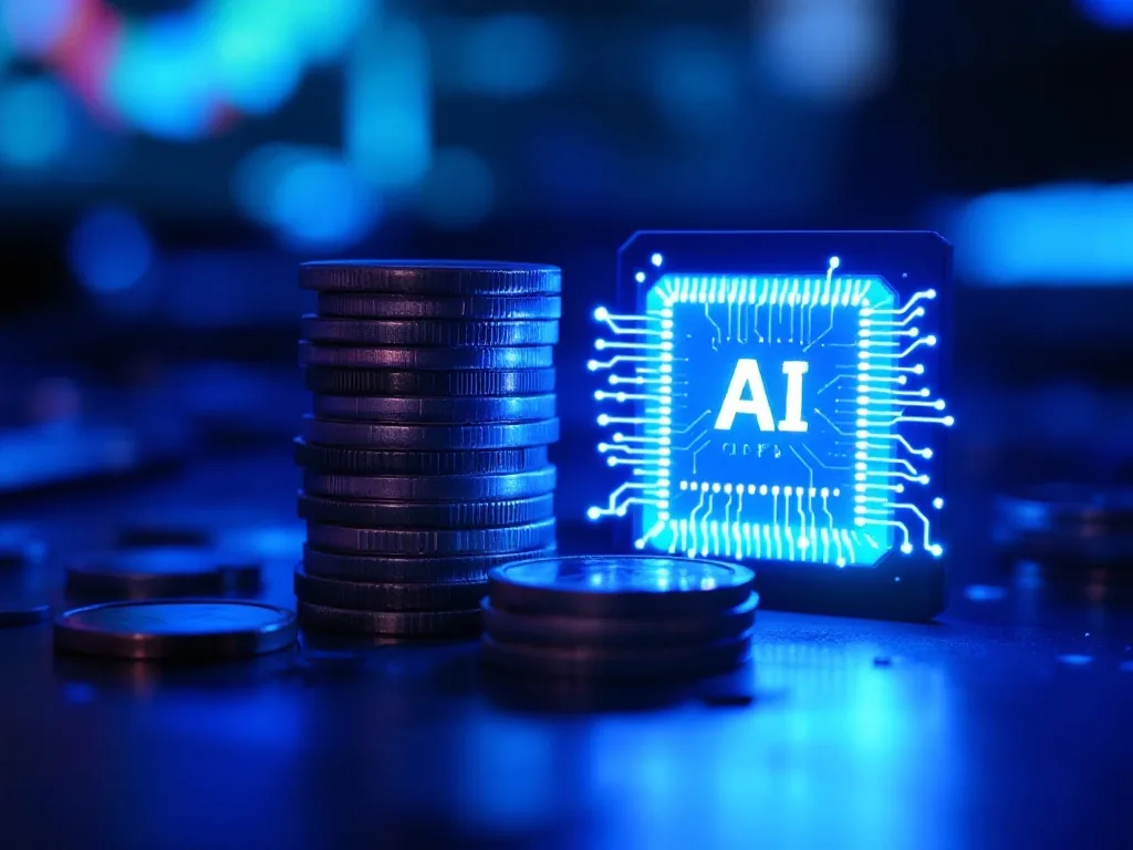 a tall stack of coins next to a glowing computer microchip on a dark desk, conceptual AI compute cost, soft blue light, editorial still life, no people, no text