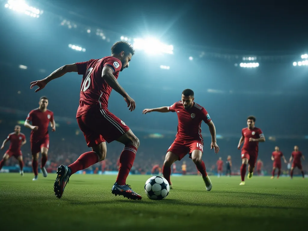 a tense football match moment, players in red competing for the ball on a floodlit pitch, world cup atmosphere, no readable text, editorial sports photography