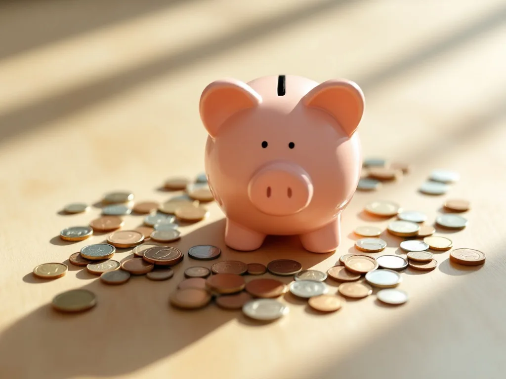 a tidy piggy bank surrounded by scattered coins on a light wooden surface, warm morning sunlight, close-up, clean minimal background, savings and financial goals concept