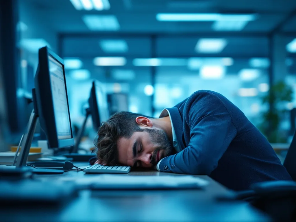 a tired office worker resting head on desk in a chilly air-conditioned office, blue cold lighting, over-the-shoulder view, editorial photography, shallow depth of field