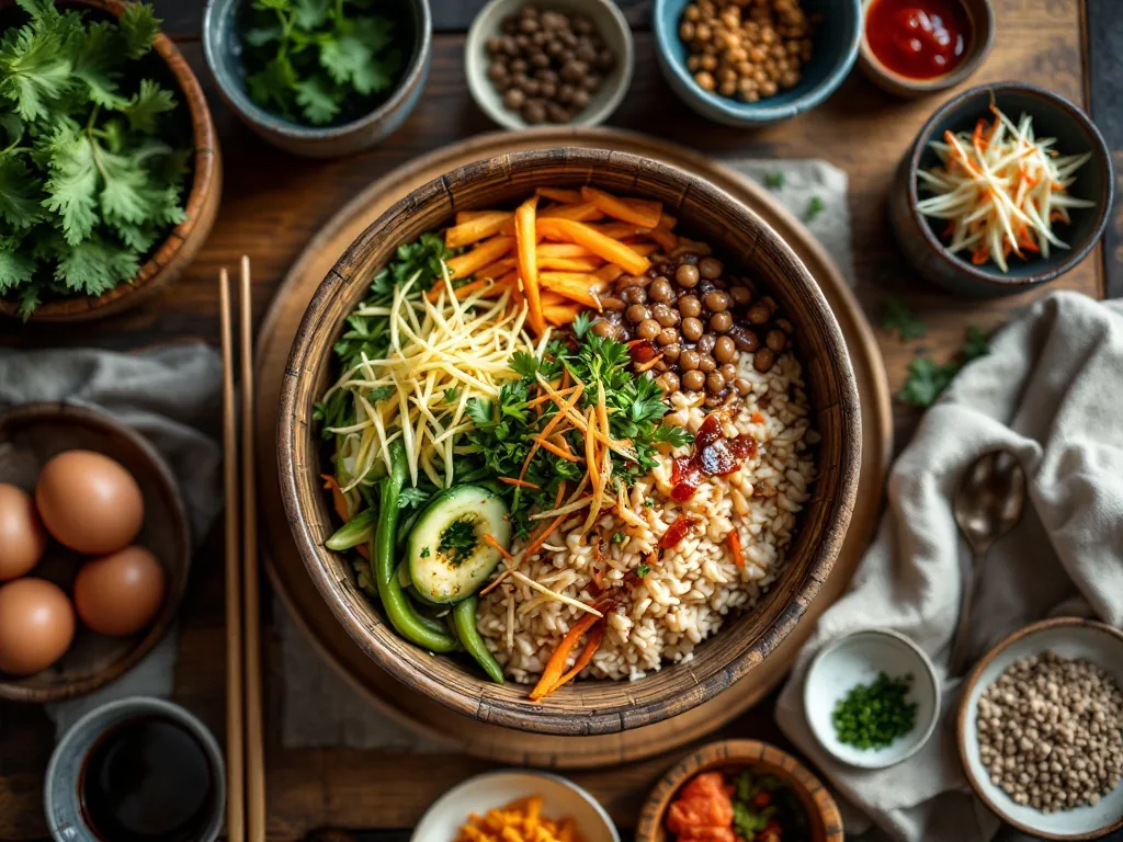 a traditional Korean barley rice bowl with seasoned vegetables, soybean paste, and a spread of side dishes on a wooden table, soft warm light, top-down flat lay food photography, clean rustic style