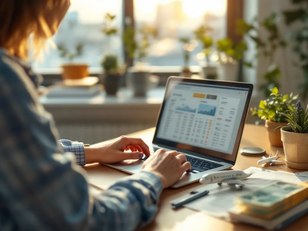 a traveler browsing flight tickets on a laptop at a bright home desk, a small model airplane and Japanese yen notes nearby, warm window light, calm planning mood, over-the-shoulder wide shot, editorial lifestyle photography