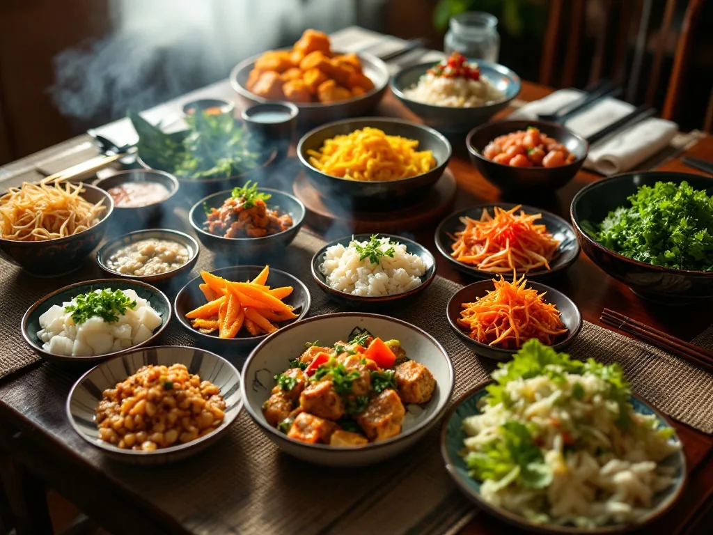 a variety of Korean banchan side dishes beautifully arranged on a traditional table setting, warm overhead light, food editorial photography