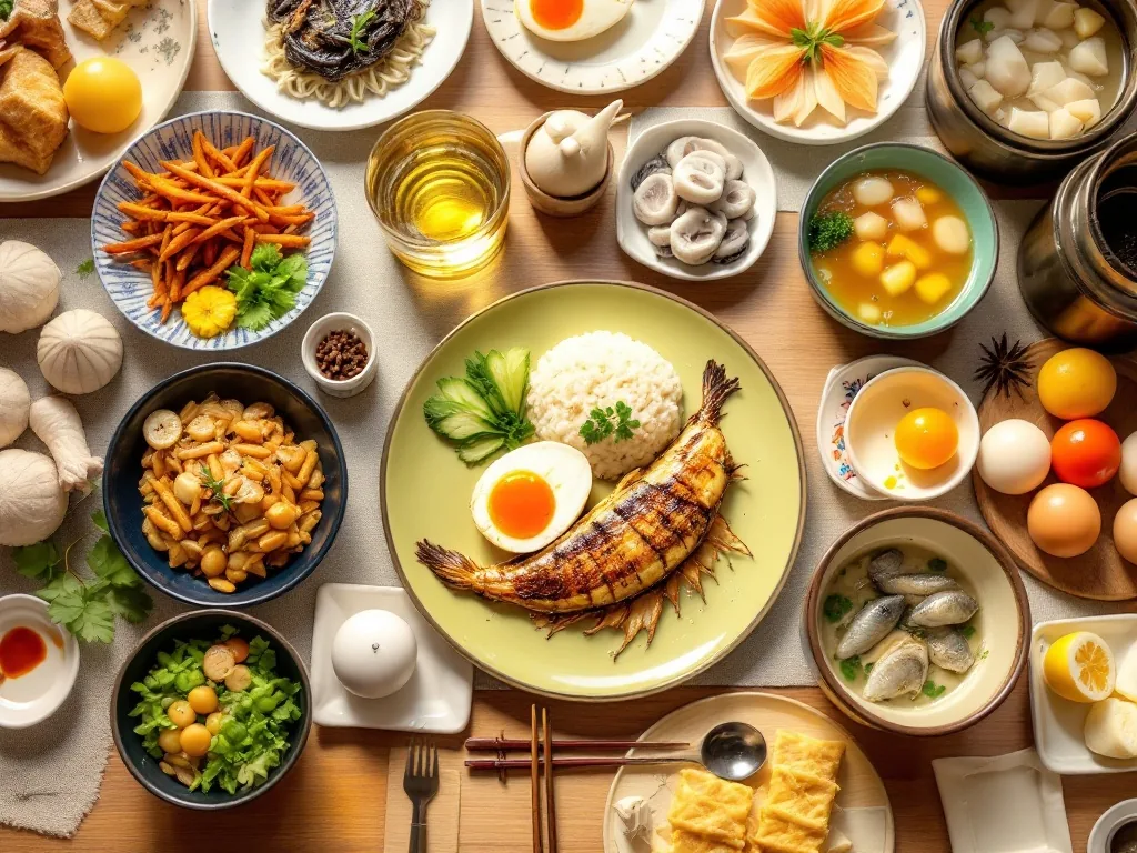a variety of korean summer health foods on a table, grilled eel jangeo, abalone porridge, loach soup, traditional korean side dishes, soft warm restaurant lighting, overhead flat lay, editorial food photography
